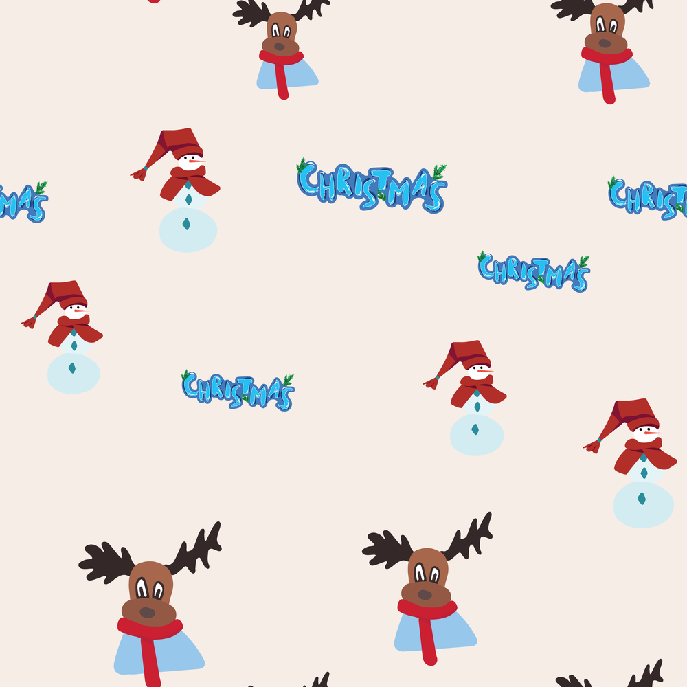 Christmas lettering, snowman and reindeer seamless pattern. Festive endless design. Holiday decor wrapping paper, background. Colorful vector illustration in flat cartoon style.. Christmas lettering, snowman and reindeer seamless pattern.