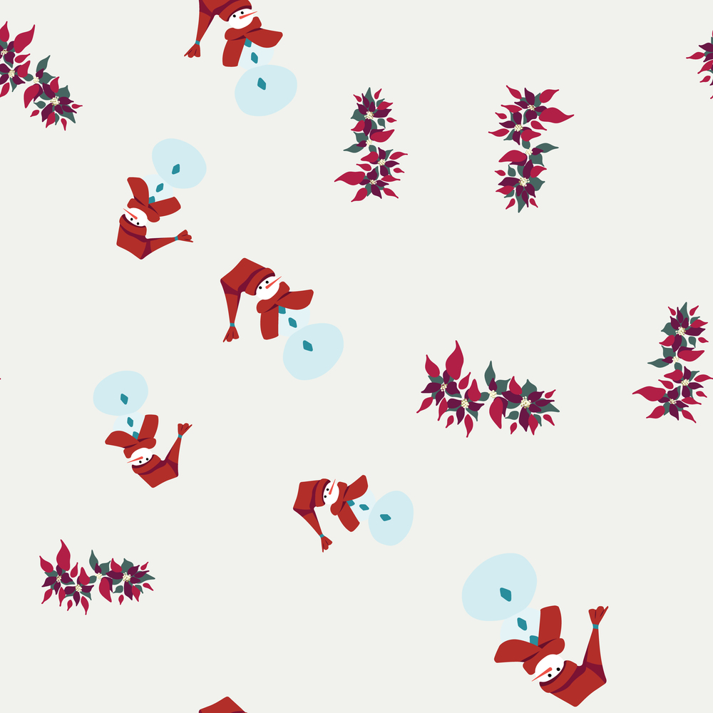 Christmas red poinsettia and snowman seamless pattern. Festive endless design. Holiday decor wrapping paper, background. Colorful vector illustration in flat cartoon style.. Christmas red poinsettia and snowman seamless pattern.