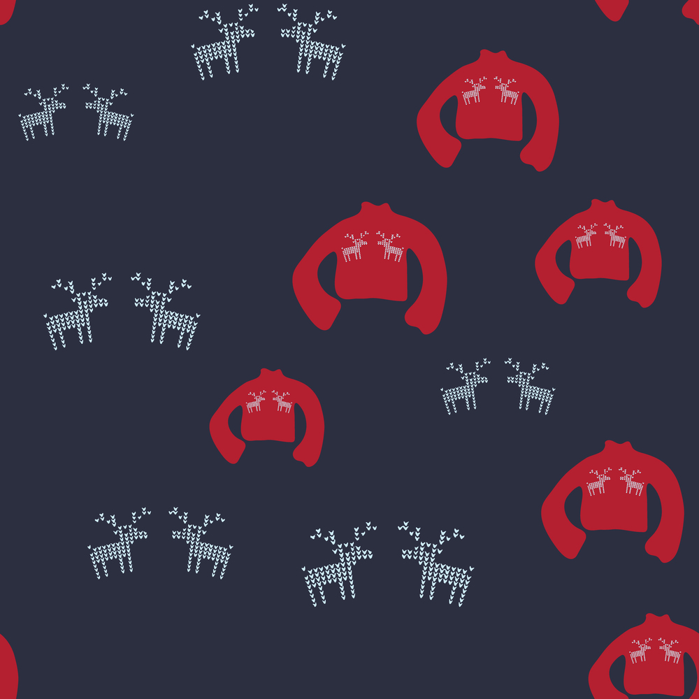 Red ugly sweater with blue reindeer seamless pattern. Festive knitted jumper endless design. Holiday decor, winter knitted woolen clothes. Colorful vector illustration in flat cartoon style.. Red ugly sweater with blue reindeer seamless pattern.