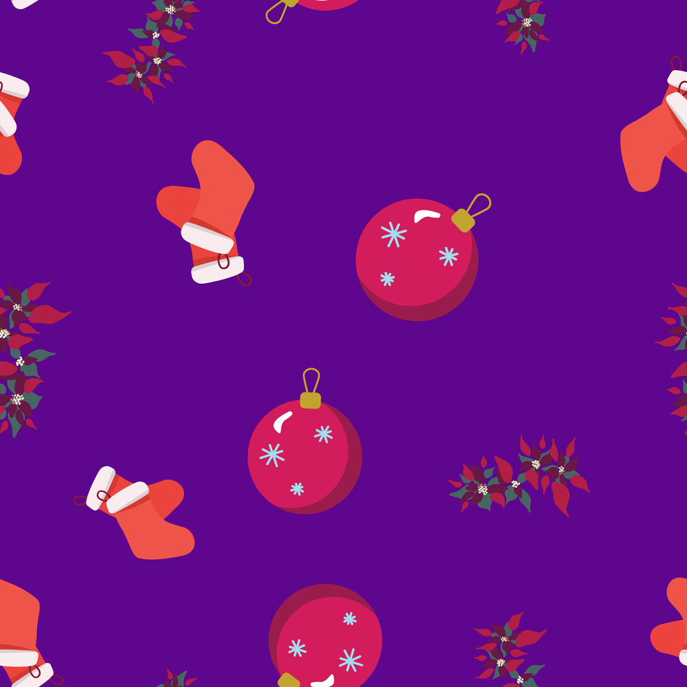 Christmas red stockings, tree bubble and poinsettia seamless pattern. Festive endless design. Holiday decor wrapping paper, background. Colorful vector illustration in flat cartoon style.. Christmas red stockings, tree bubble and poinsettia seamless pattern.