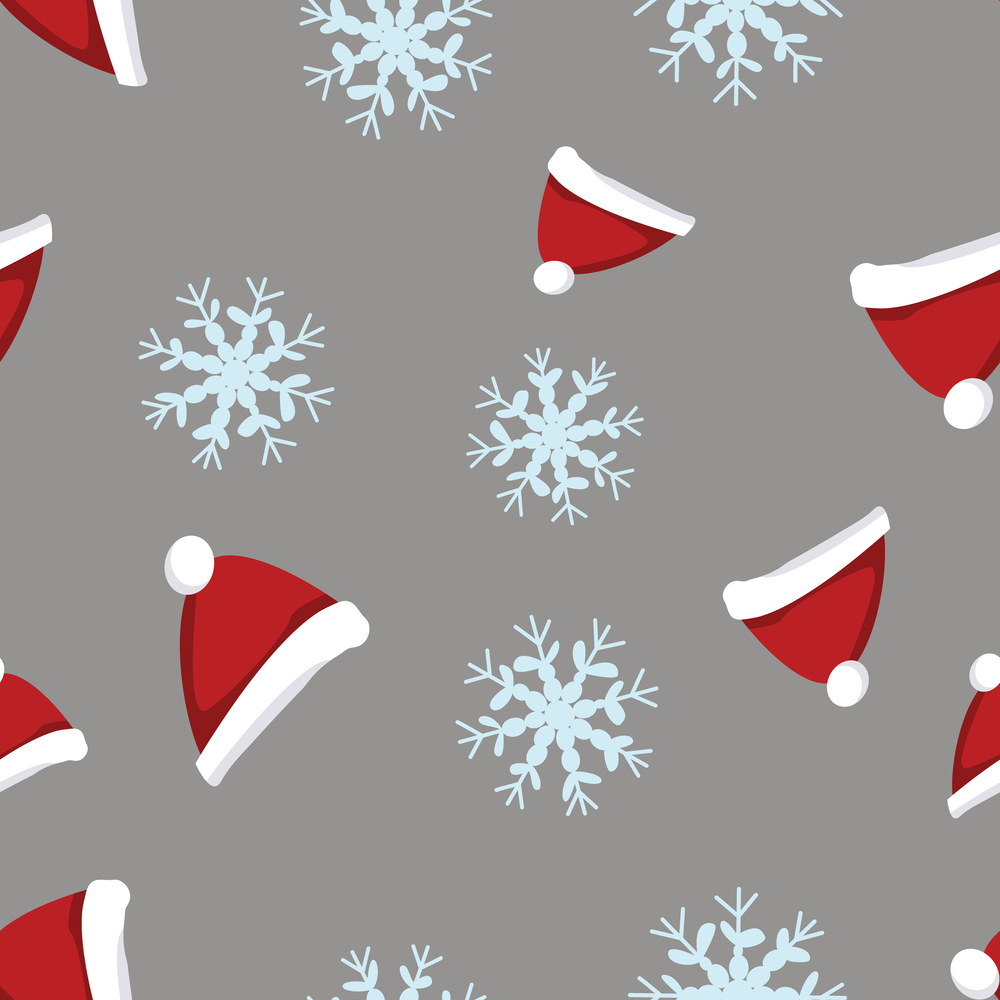 Christmas red hats and snowflakes seamless pattern. Festive endless design. Holiday decor wrapping paper, background. Colorful vector illustration in flat cartoon style.. Christmas red hats and snowflakes seamless pattern.
