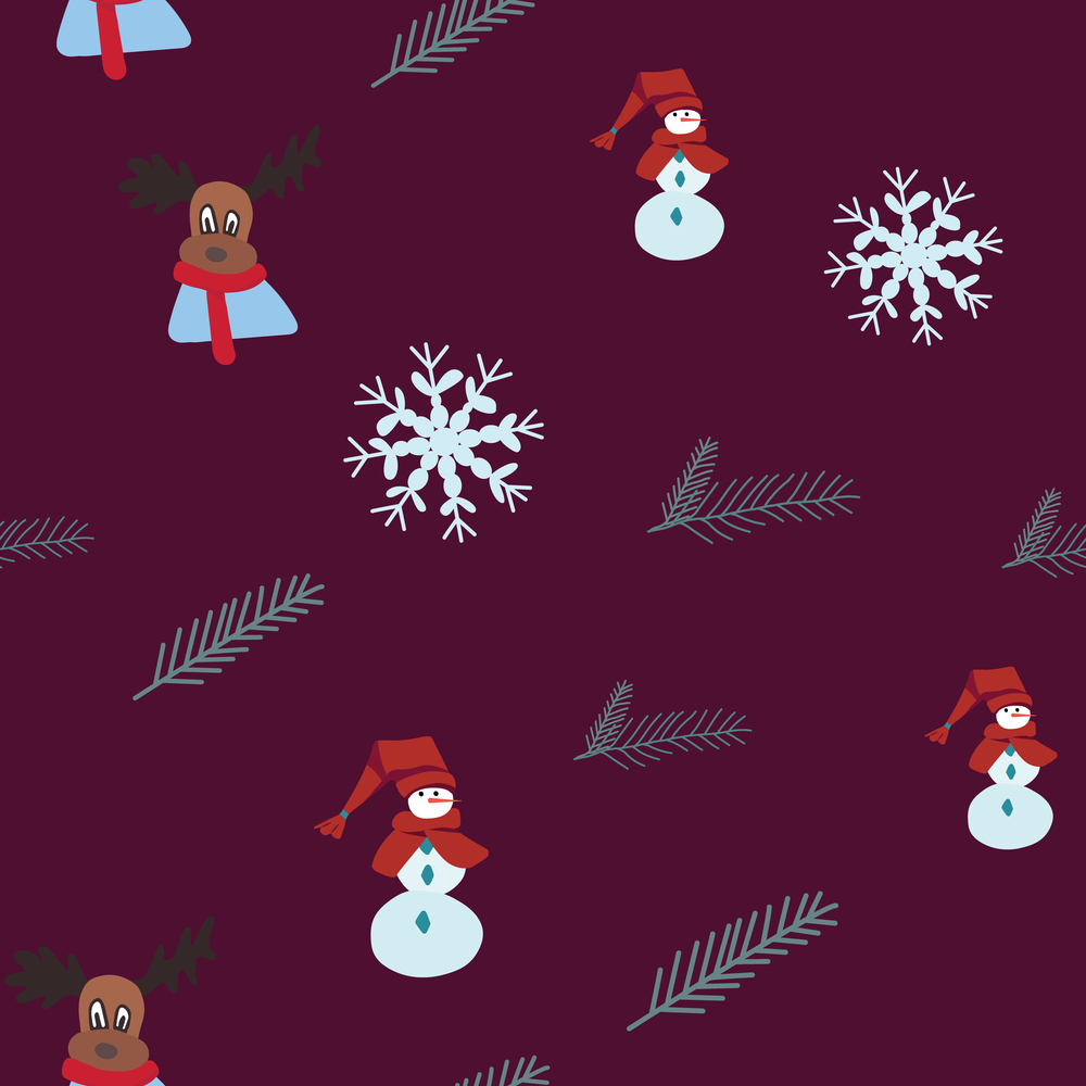 Snowman, winter reindeer, snowflakes seamless pattern. Festive endless design. Holiday decor wrapping paper, background. Colorful vector illustration in flat cartoon style.. Snowman, winter reindeer, snowflakes seamless pattern.