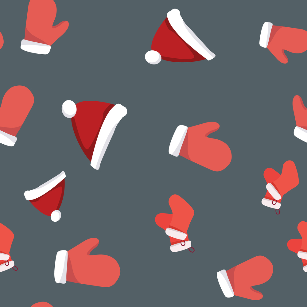 Collection of red santa gloves and Christmas hat seamless pattern. Festive endless design. Holiday decor wrapping paper, background. Colorful vector illustration in flat cartoon style.. Collection of red santa gloves and Christmas hat seamless pattern.