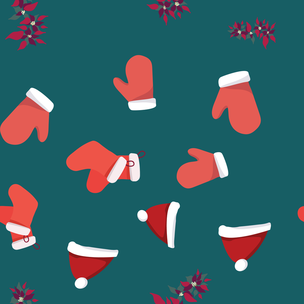 Collection of red santa gloves, Christmas hat and poinsettia seamless pattern. Festive endless design. Holiday decor wrapping paper, background. Colorful vector illustration in flat cartoon style.. Collection of red santa gloves, Christmas hat and poinsettia seamless pattern.