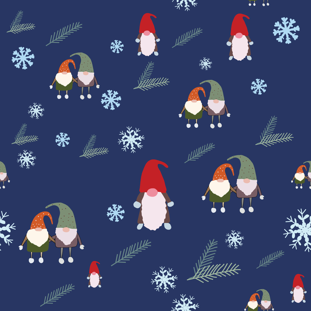 Seamless pattern with scandinavian gnomes, pine tree spruce and snowflakes. Beautiful festive design with elves decorations. For wrapping paper, textiles, fabric. Flat cartoon style vector illustration.. Seamless pattern with scandinavian gnomes, pine tree spruce and snowflakes.