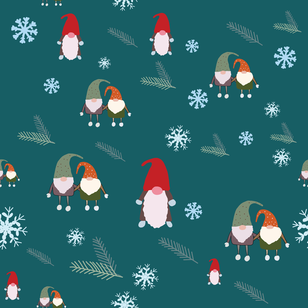 Seamless pattern with snowflakes, scandinavian gnomes and pine tree spruce. Beautiful festive design with elves decorations. For wrapping paper, textiles, fabric. Vector illustration.. Seamless pattern with snowflakes, scandinavian gnomes and pine tree spruce.