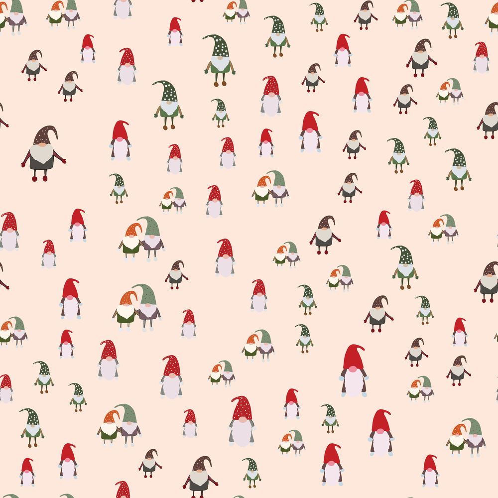 Seamless pattern with scandinavian gnomes. Beautiful festive design with elves decorations. For wrapping paper, textiles, fabric. Flat cartoon style vector illustration.. Seamless pattern with scandinavian gnomes.