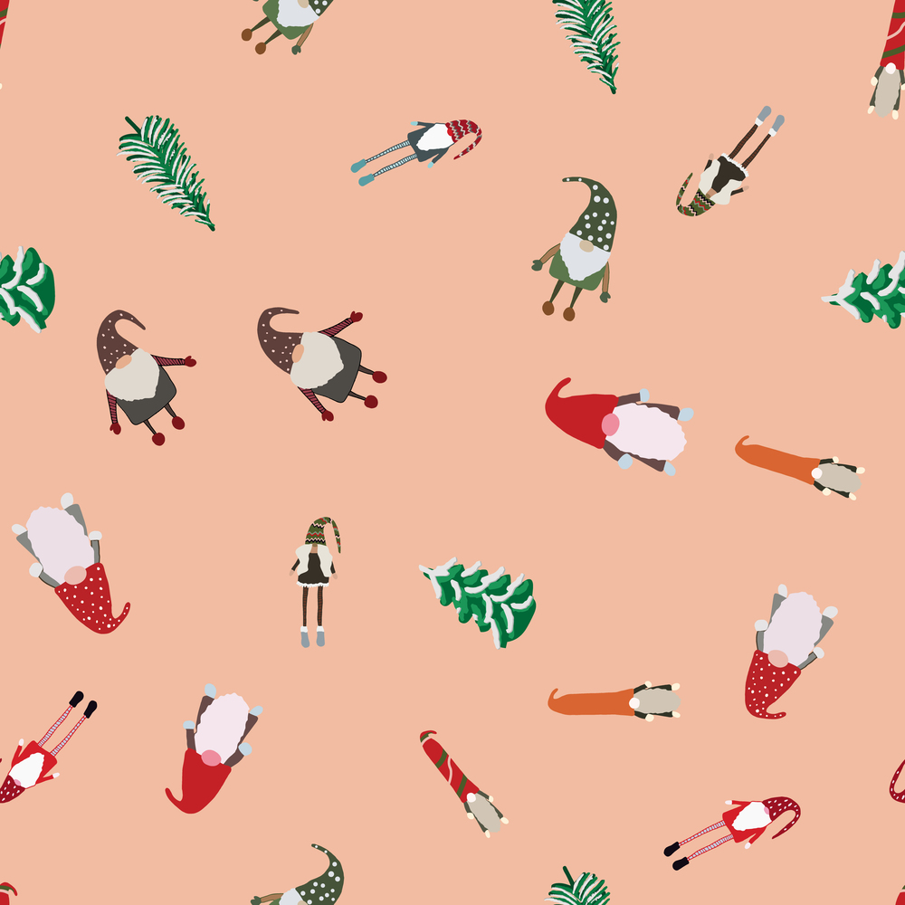 Seamless pattern with scandinavian gnomes and Christmas trees. Beautiful festive design with elves decorations. For wrapping paper, textiles, fabric. Flat cartoon style vector illustration.. Seamless pattern with scandinavian gnomes and Christmas trees.