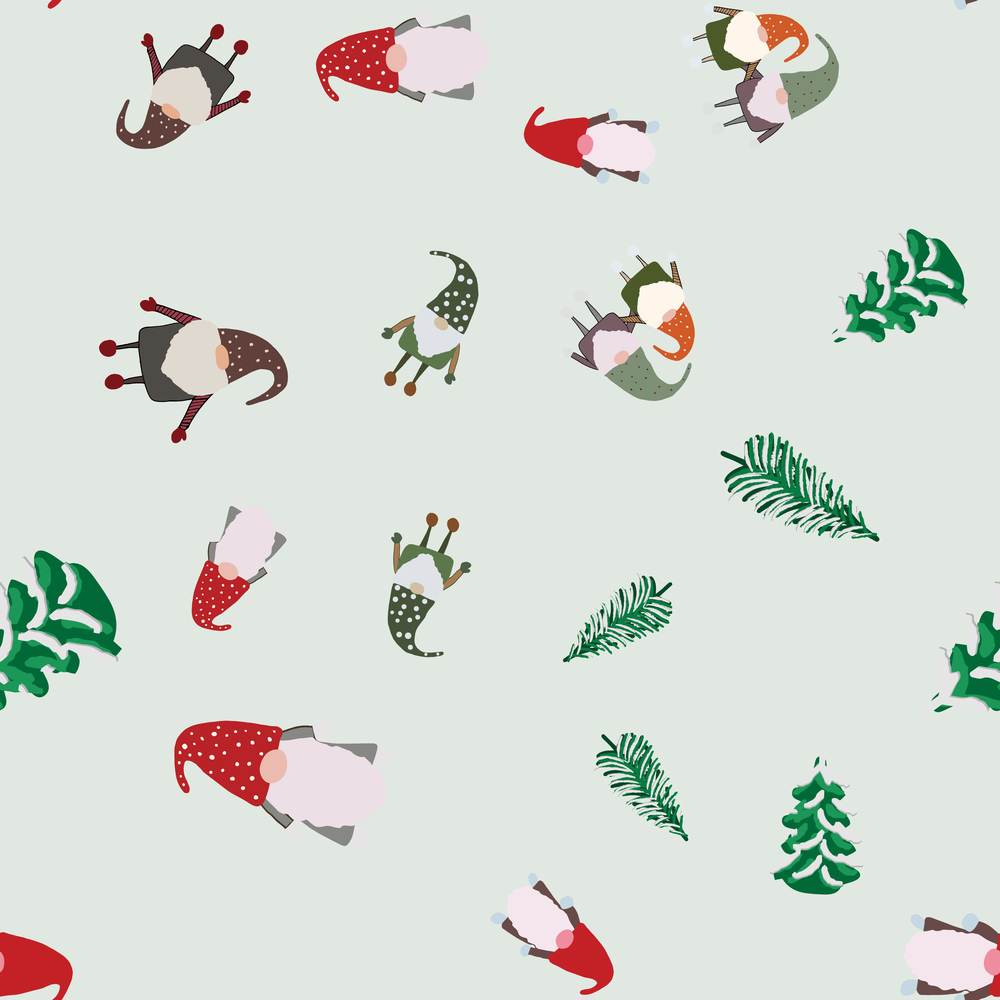 Seamless pattern with pine trees and Christmas scandinavian gnomes. Beautiful festive design with elves decorations. For wrapping paper, textiles, fabric. Flat cartoon style vector illustration.. Seamless pattern with pine trees and Christmas scandinavian gnomes.