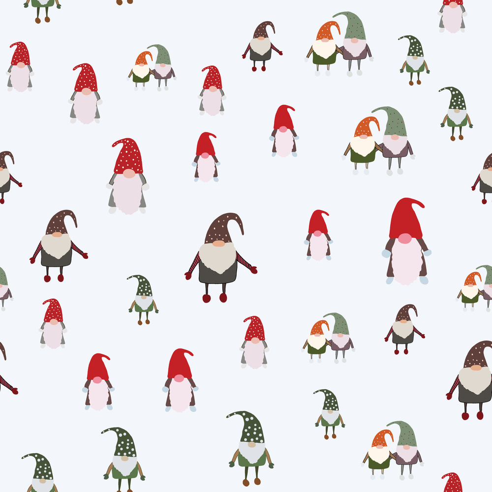 Scandinavian gnomes seamless pattern. Beautiful festive design with elves decorations. For wrapping paper, textiles, fabric. Flat cartoon style vector illustration.. Scandinavian gnomes seamless pattern.