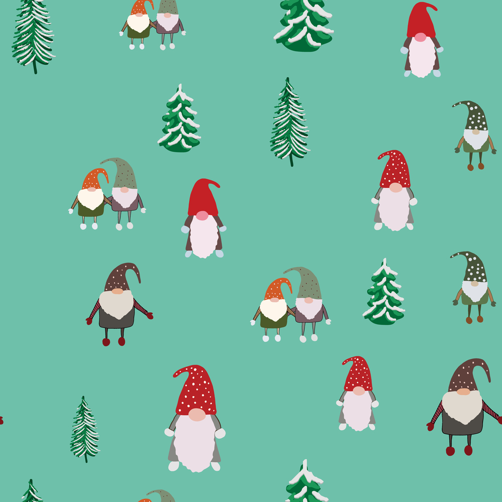 Seamless pattern with pine trees and scandinavian gnomes. Beautiful festive design with elves decorations. For wrapping paper, textiles, fabric. Flat cartoon style vector illustration.. Seamless pattern with pine trees and scandinavian gnomes.