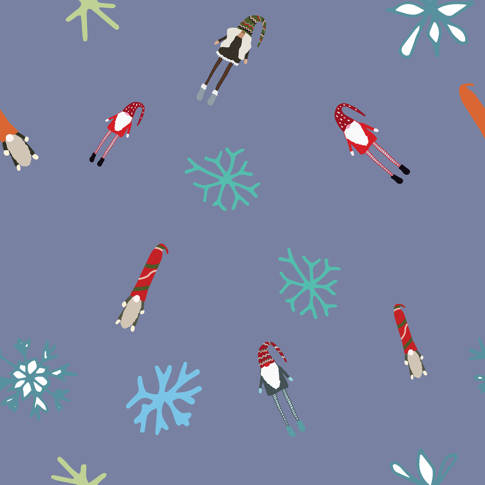 Seamless design with scandinavian gnomes and winter snowflakes. Beautiful festive design with elves decorations. For wrapping paper, textiles, fabric. Flat cartoon style vector illustration.. Seamless design with scandinavian gnomes and winter snowflakes.