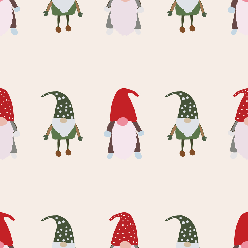 Seamless design with scandinavian gnomes. Beautiful festive design with elves decorations. For wrapping paper, textiles, fabric. Flat cartoon style vector illustration.. Seamless design with scandinavian gnomes.