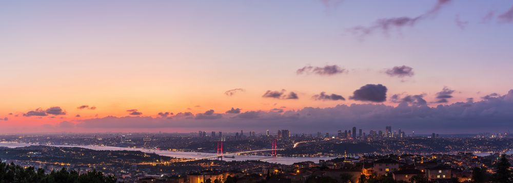 Night Istanbul panorama, view on the Bosphorus Bridge.