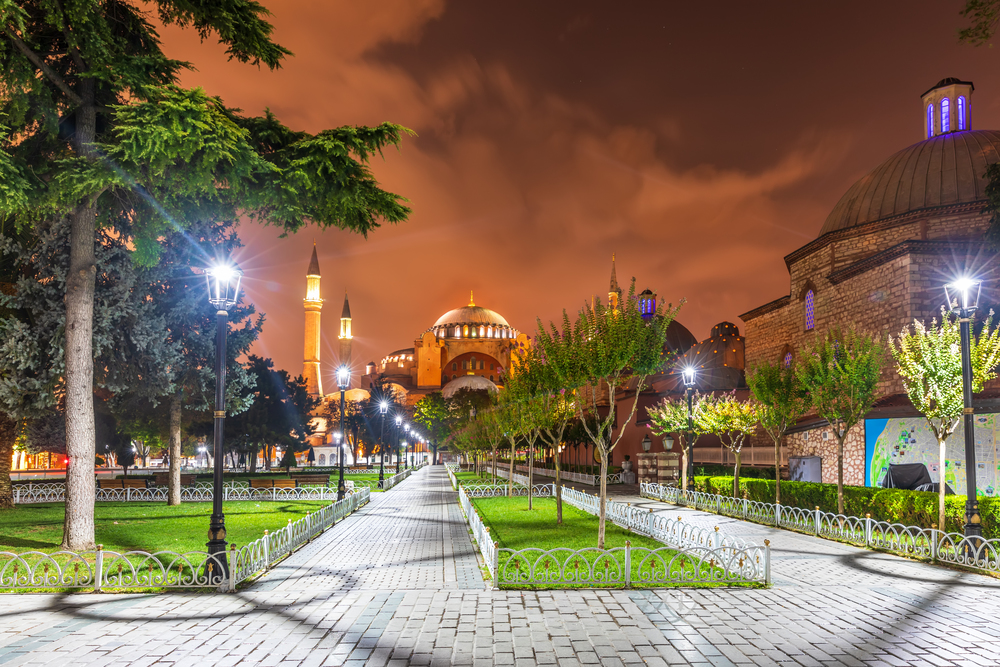 Sultanahmet park and Hagia Sophia museum in Istanbul, Turkey.