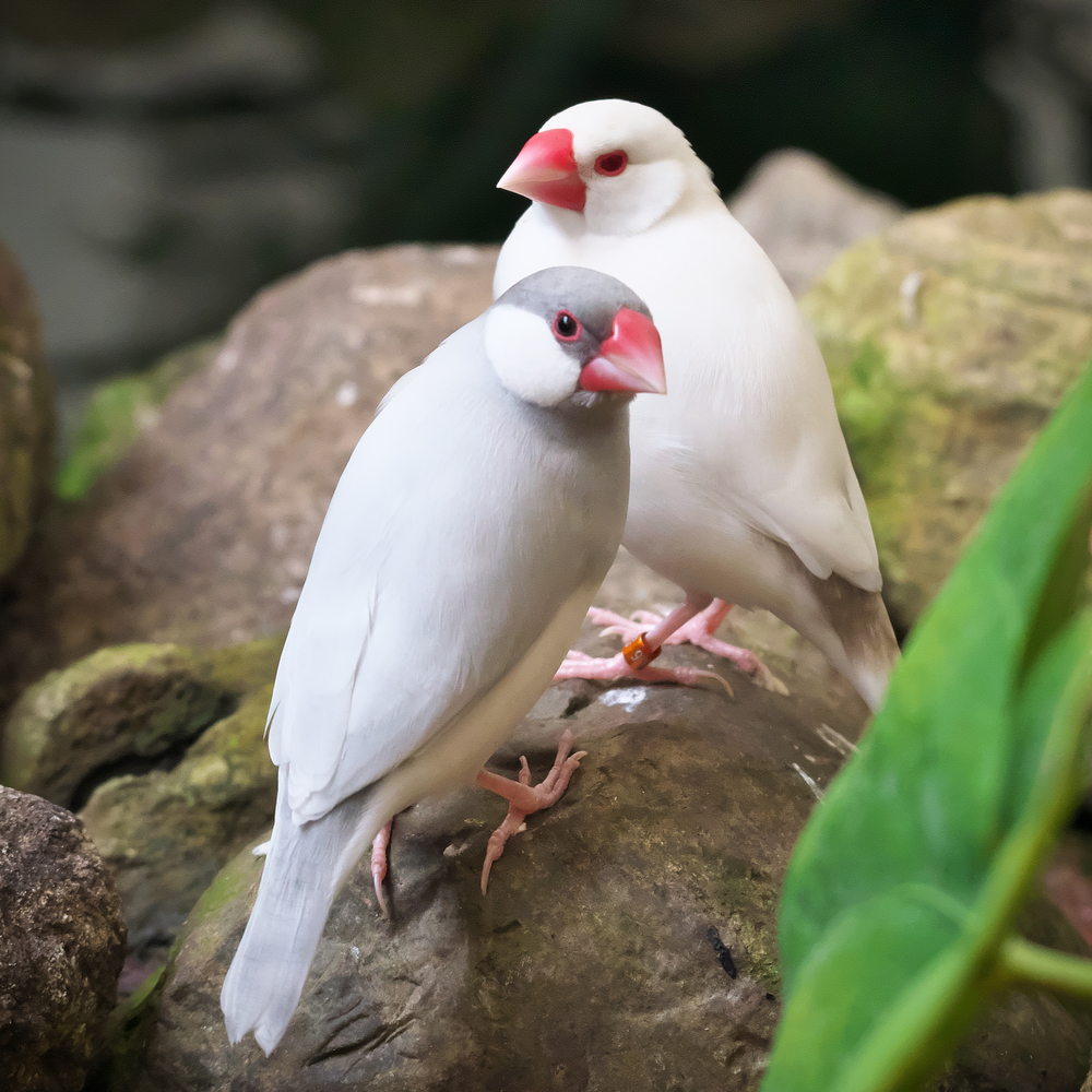 Close-up of one silver (opal) colored and one albino java sparrow birds with bird bands perched on the green stones in the greenhouse among green plants