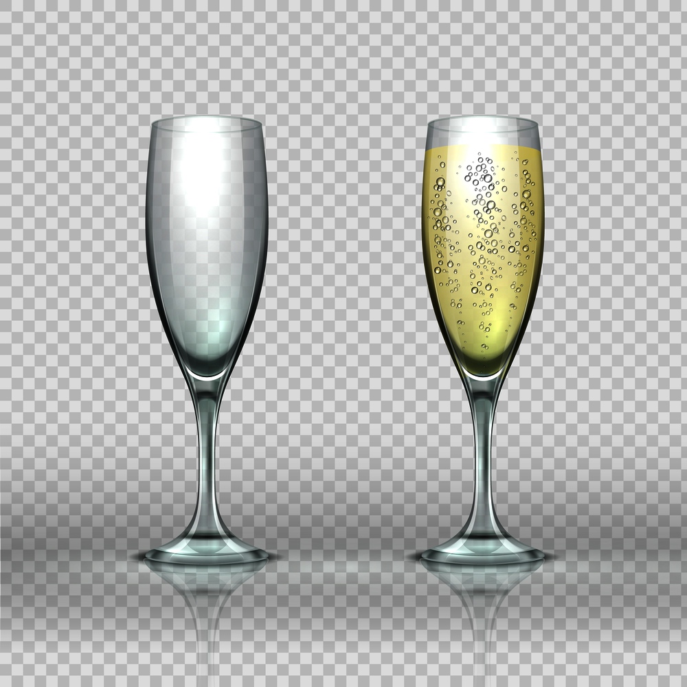 Realistic champagne glass. Empty and full transparent champagne wine glasses. Vector isolated realistic two 3D illustrations luxury clear cup sparkling wine with bubbles for love toasts. Realistic champagne glass. Empty and full transparent champagne wine glasses. Vector realistic 3D illustrations