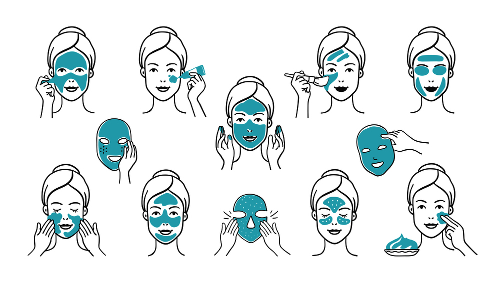 Facial mask set. Skin care and health infographic elements, girl face with facial mask applying steps. Vector hand drawn isolate images icons masks girl face apply for clean skin. Facial mask set. Skin care and health infographic elements, girl face with facial mask applying steps. Vector hand drawn icons