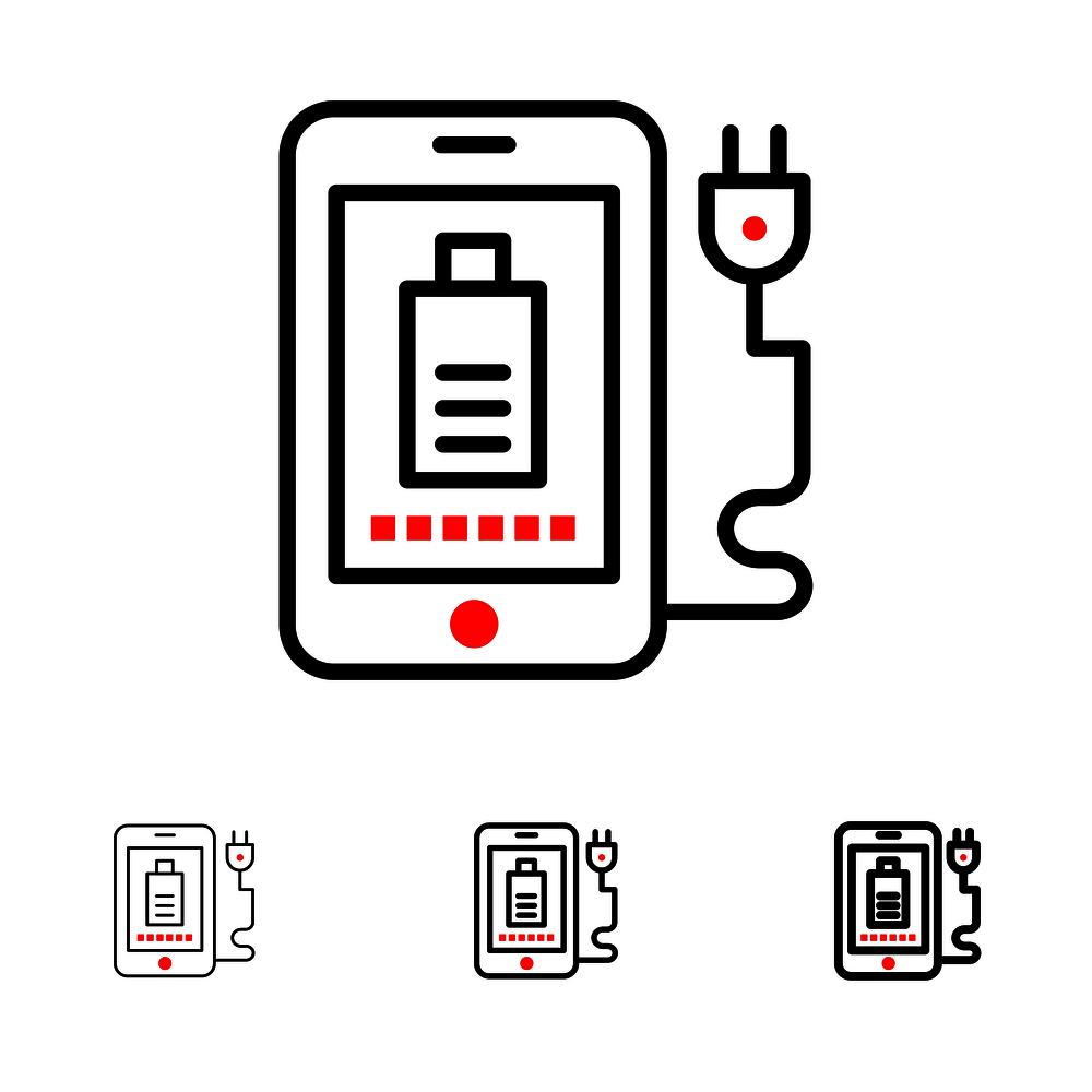 Mobile, Charge, Full, Plug Bold and thin black line icon set