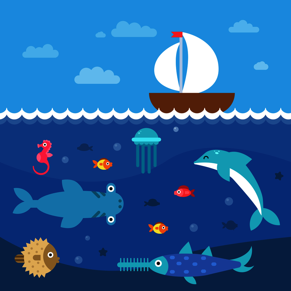 Stylized flat vector illustrations of underwater life. Undersea landscape and travel sail boat. Stylized flat vector illustrations of underwater life