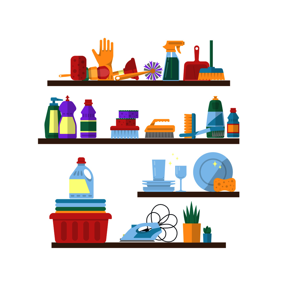 Vector cleaning flat elements of color detergent on shelves illustration. Vector cleaning flat elements on shelves illustration