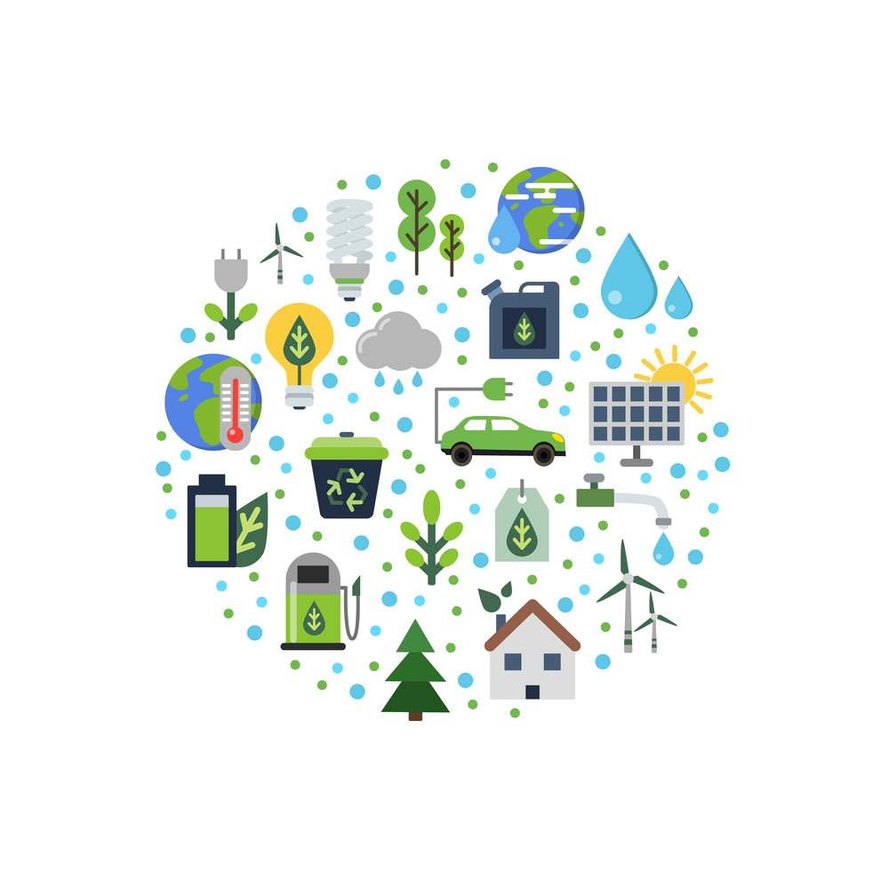Vector ecology flat icons gathered in circle illustration. Eco energy, nature environment. Vector ecology flat icons gathered in circle illustration
