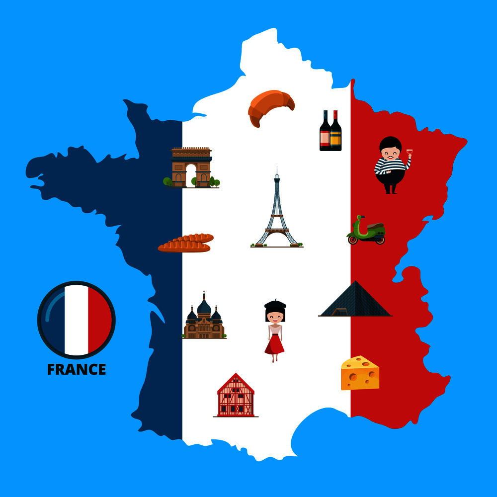 Vector cartoon France sights and objects on France contour map concept illustration. Vector cartoon France sights on France map illustration