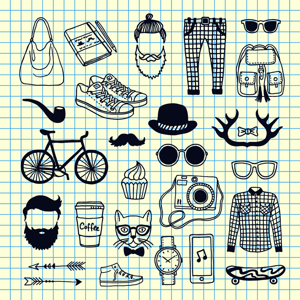 Vector hipster doodle icons on cell sheet illustration. Camera and hairstyle, coffee sketchy, horns and arrow. Vector hipster doodle icons on cell sheet illustration