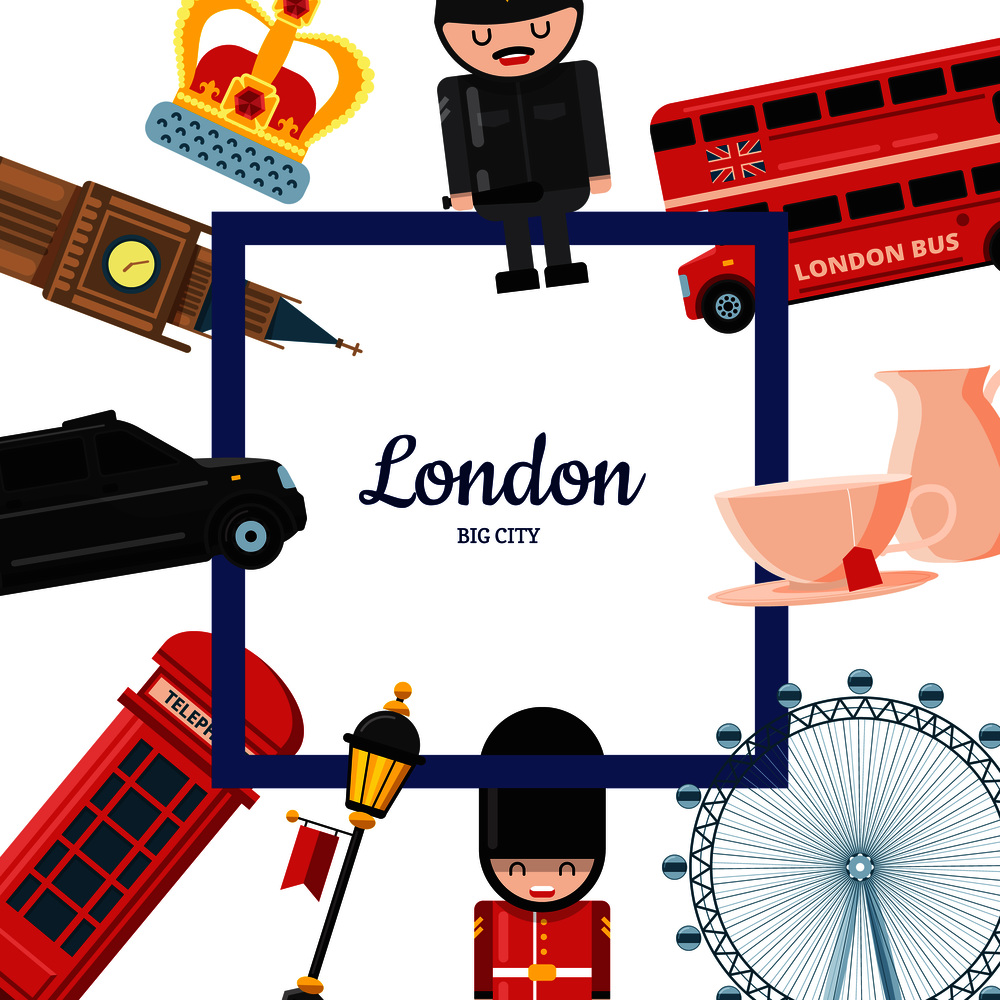 Vector cartoon London sights and objects background with place for text illustration. Vector cartoon London sights illustration