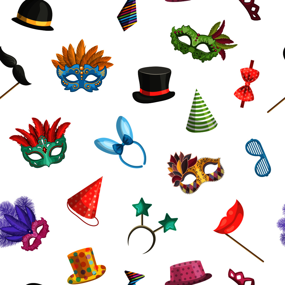 Vector pattern or background illustration with colored masks and cartoon party accessories. Vector pattern or background illustration with masks and party accessories