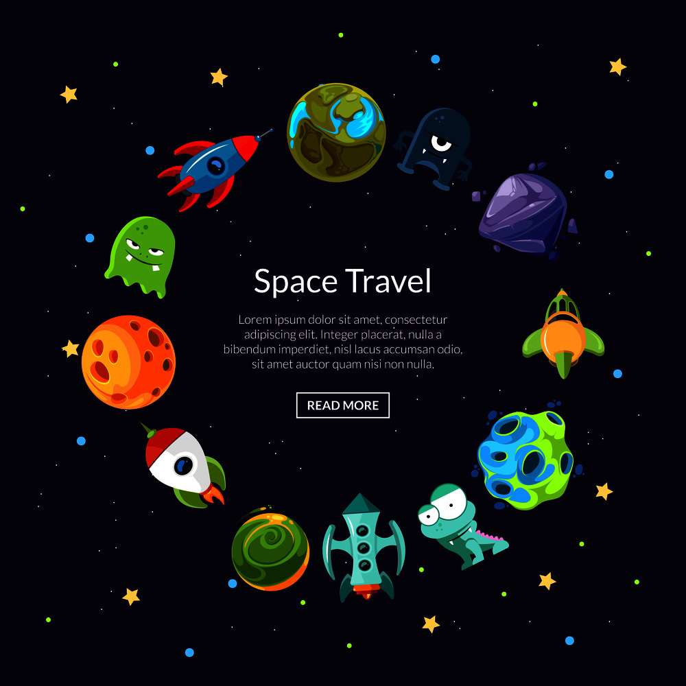 Vector cartoon space planets and ships in circle form with place for text in center illustration. Vector cartoon space planets and ships