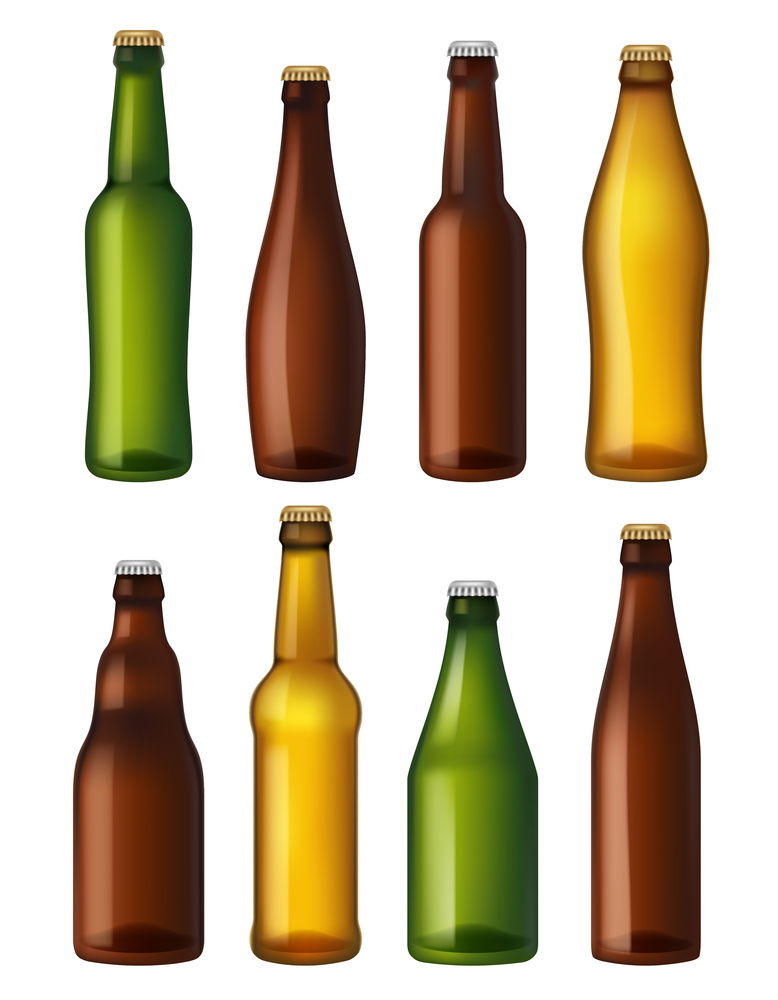 Blank beer bottles. Colored glass containers, vessels for brown and light craft and green beer. Realistic vector illustrations bottles. Set of beer glass container, bottle for alcohol beverage. Blank beer bottles. Colored glass containers, vessels for brown and light craft and green beer. Realistic vector illustrations bottles
