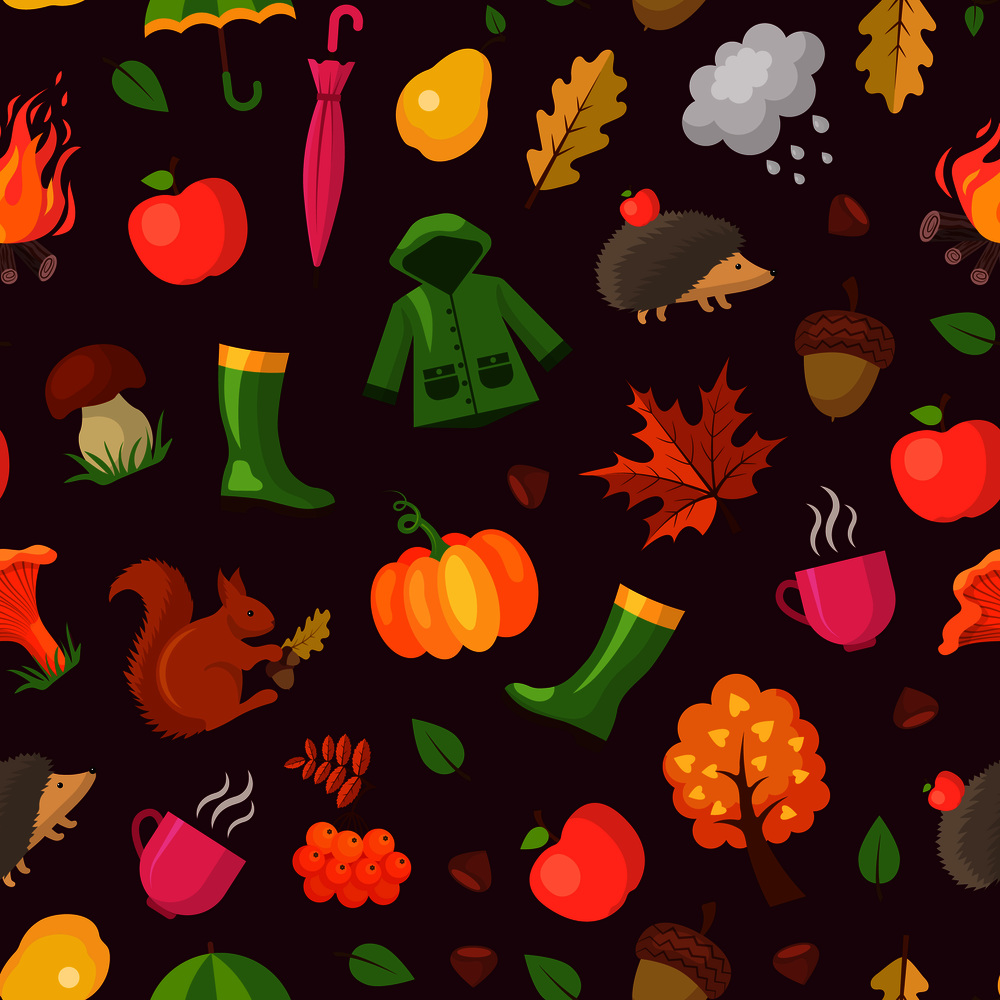 Vector cartoon autumn elements and leaves pattern or background illustration. Colored fall pattern season. Vector cartoon autumn elements and leaves pattern or background illustration