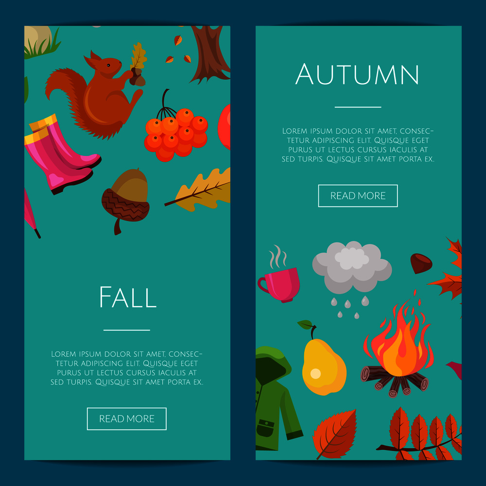 Vector cartoon autumn elements and leaves web banner templates illustration and set of poster. Vector cartoon autumn elements and leaves web banner templates illustration