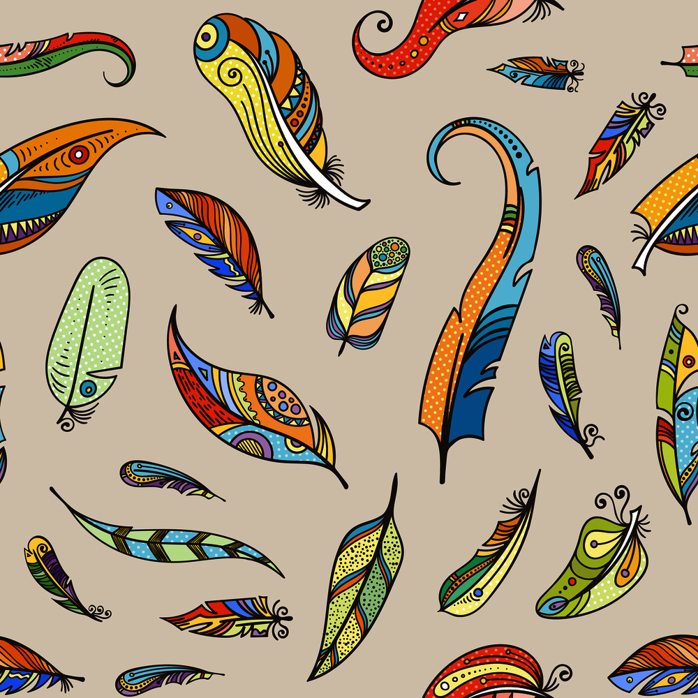 Vector boho doodle colored feathers seamless pattern or background illustration. Vector boho doodle feathers pattern background illustration