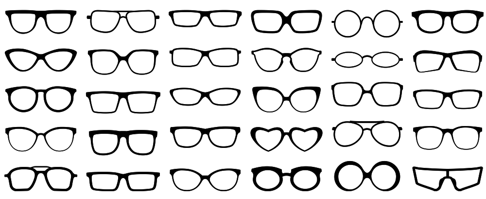 Glasses silhouette. Retro glasses, eye health eyewear and rim sunglasses silhouettes. Hipster or geek plastic eye optic lens frame accessory design. Isolated vector icons set. Glasses silhouette. Retro glasses, eye health eyewear and rim sunglasses silhouettes vector set