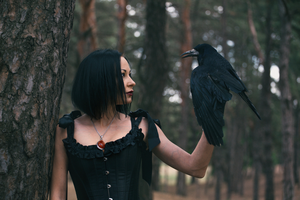 girl and raven in the forest. fabulous themed photo shoot