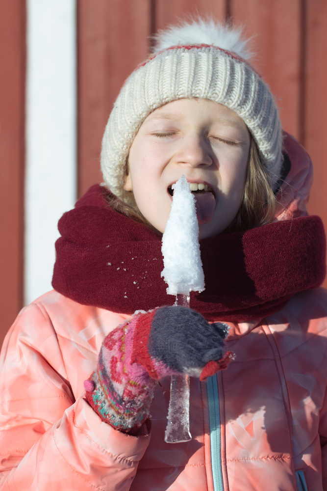 winter. little norwegian girl with an ice floe in hand. Norway