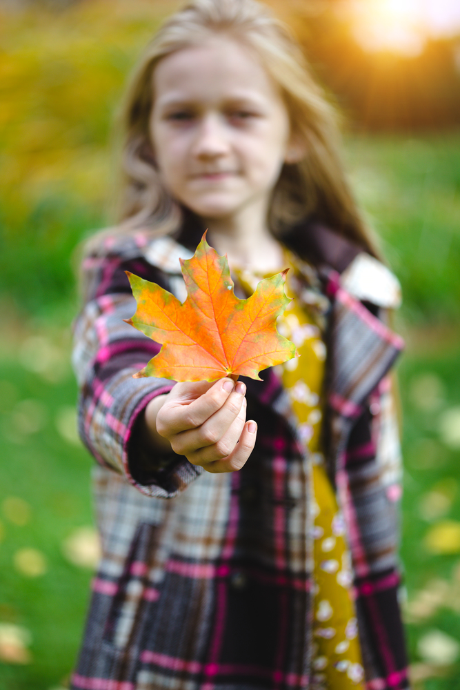 autumn - fun girl holds a red leaf