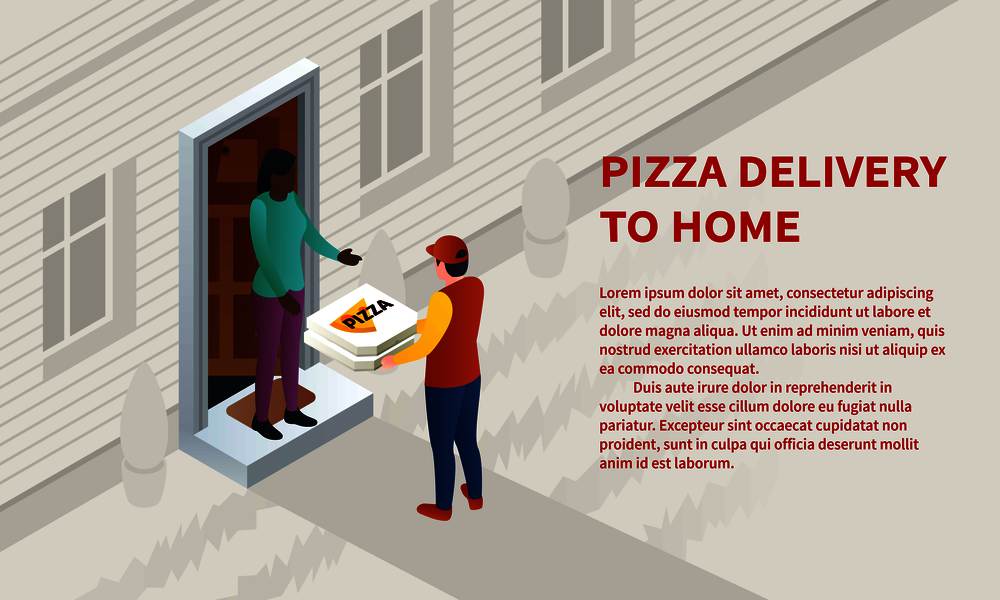 Pizza home delivery concept banner. Isometric illustration of pizza home delivery vector concept banner for web design. Pizza home delivery concept banner, isometric style