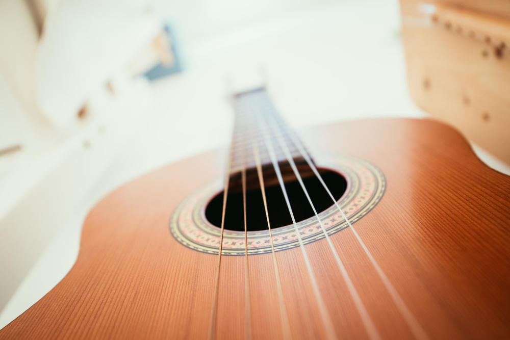 Cutout of a classical guitar corpus and strings, closeup