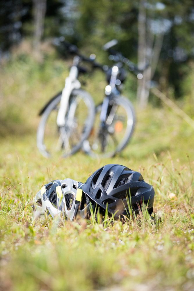Bike helmets in the grass, bike tour