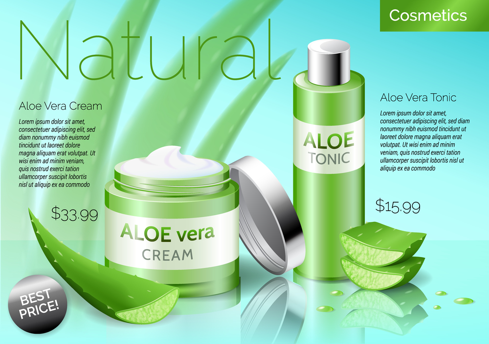 Realistic Aloe vera cosmetics products mock up, green package, bottle with tonic and cream on blue background, vector illustration. Realistic Aloe vera cosmetics products, bottle with tonic and cream