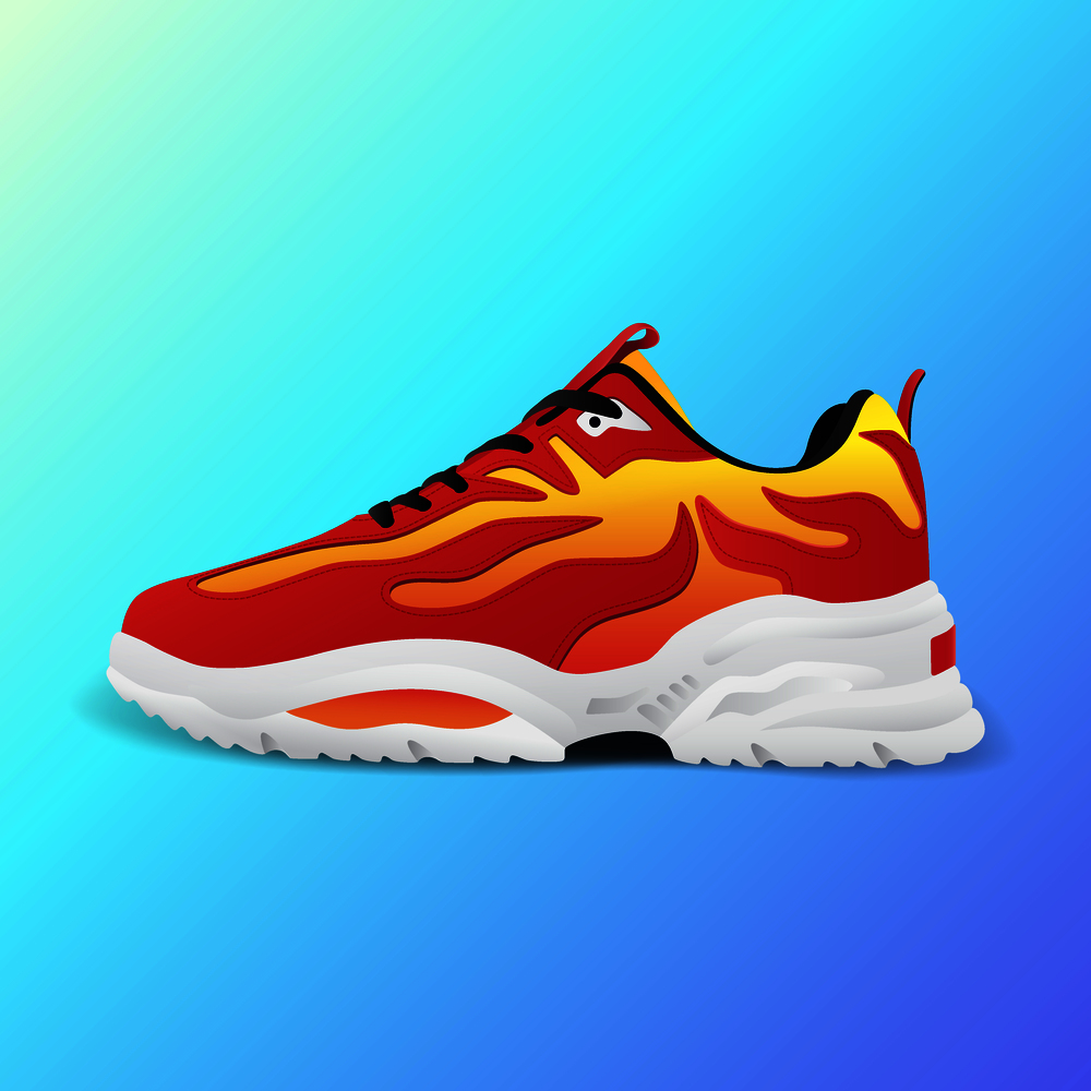 Realistic sport running shoe for training and fitness on gradient background, trendy red and white sneakers, vector illustration. Realistic sport running shoe for training and fitness