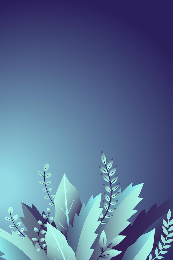 Design with branches and leaves, gentle floral ornament on blue background, vector illustration