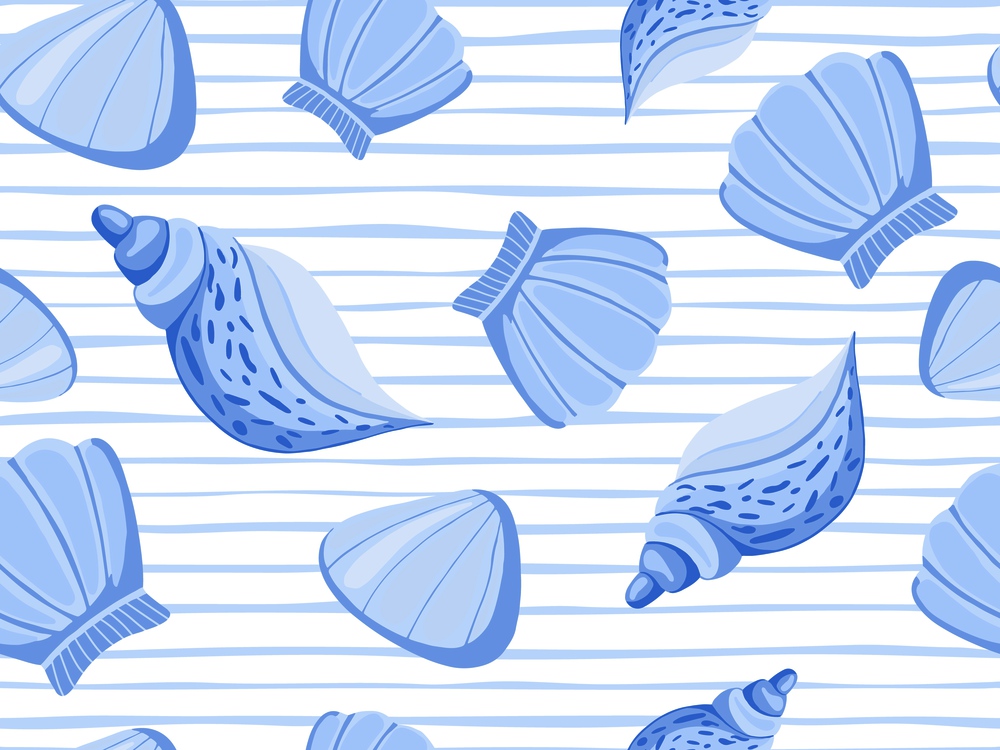 Decorative blue seashells stripe vector seamless pattern. Abstract marine wallpaper. Underwater backdrop.. Decorative blue seashells stripe vector seamless pattern.