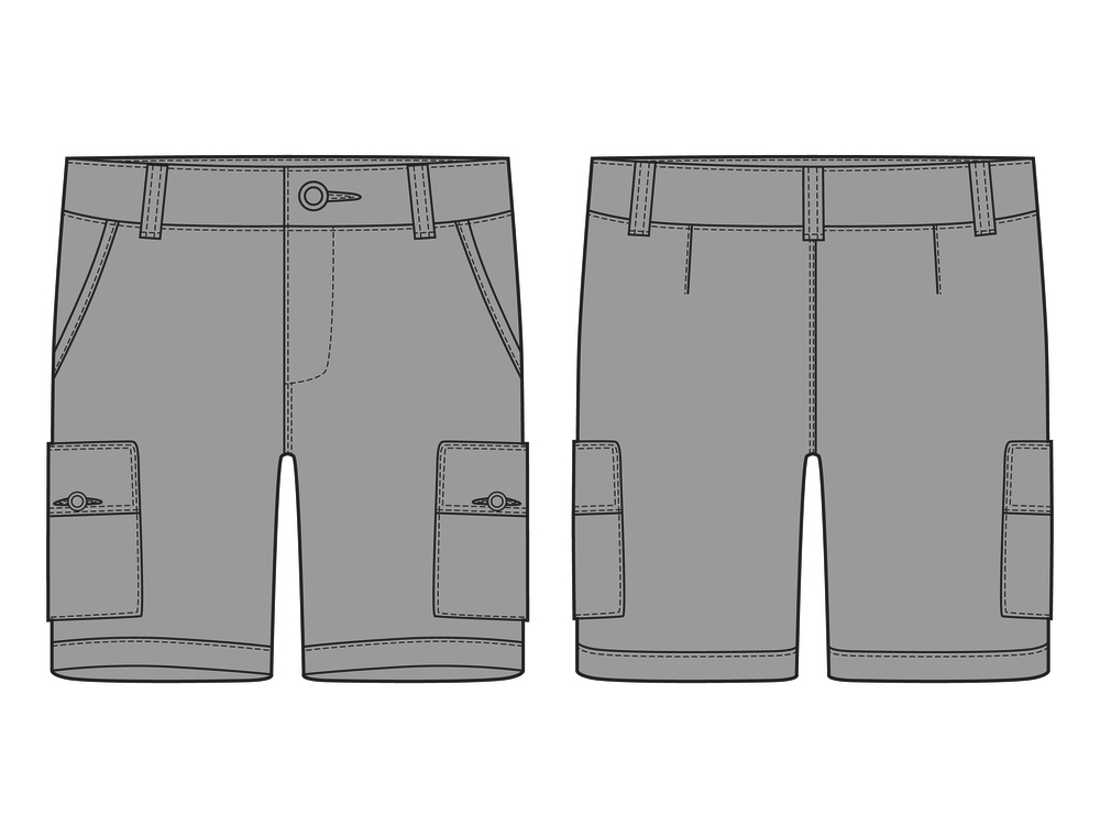 Technical sketch grey cargo shorts pants design template. Cargo Pants. Fashion vector illustration on white background. Technical sketch grey cargo shorts pants design template.