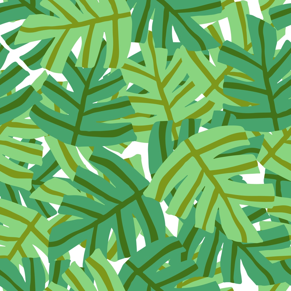 Simple freehand tropical green leaves seamless pattern. Exotic plant texture. Summer design for fabric, textile print, wrapping paper, textile. Simple freehand tropical green leaves seamless pattern.