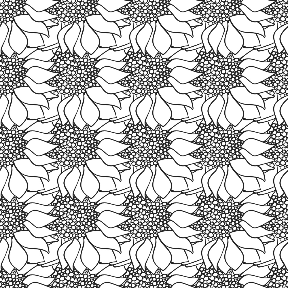 Sunflowers flowers monochrome seamless pattern in black and white colors. Monochrome wallpaper. Vector illustration. Sunflowers flowers seamless pattern in black and white colors.