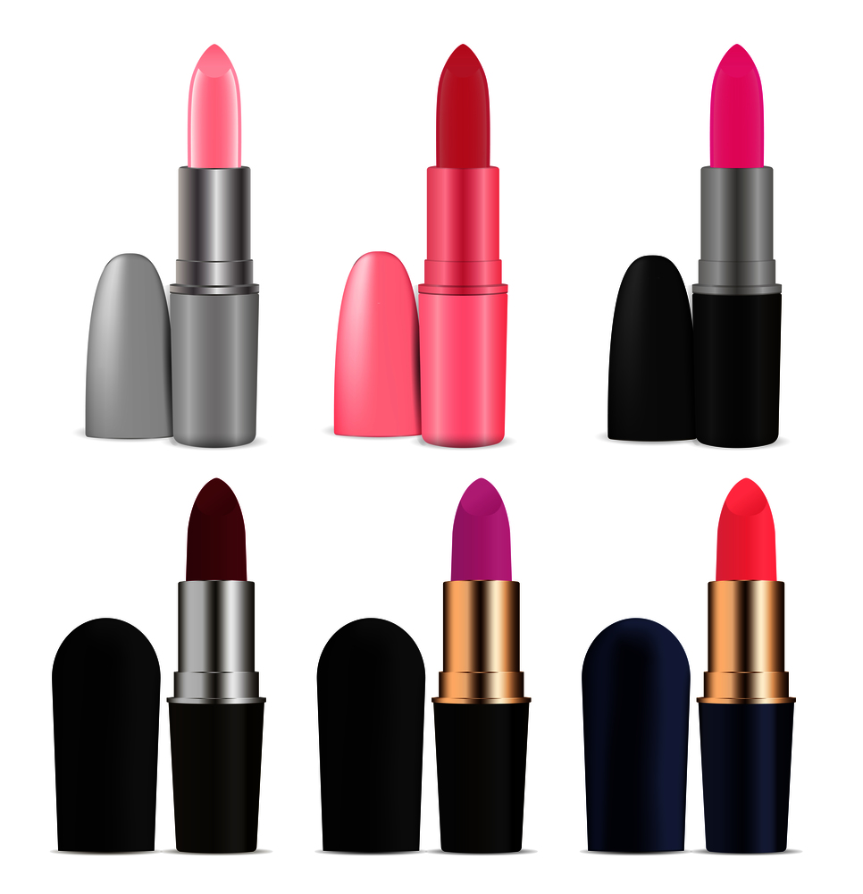 Cosmetics lipstick set of various colors. Realistic mockup vector illustration. Trend cosmetic design for advertisement, banners, advertisement.. Cosmetics lipstick set. Realistic vector mockup